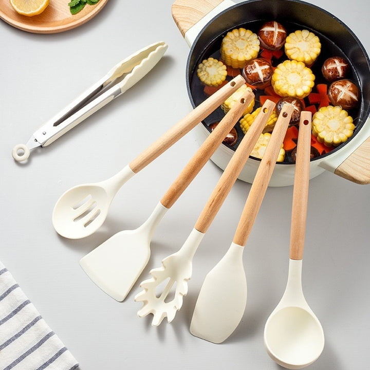 12-Piece Wooden Handle Silicone Cooking Utensil Set