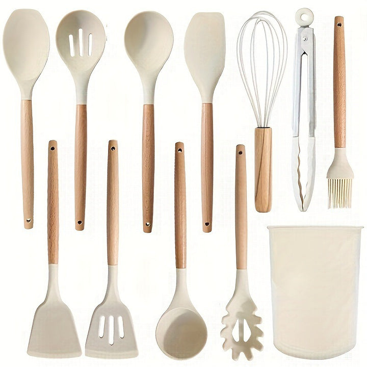 12-Piece Wooden Handle Silicone Cooking Utensil Set