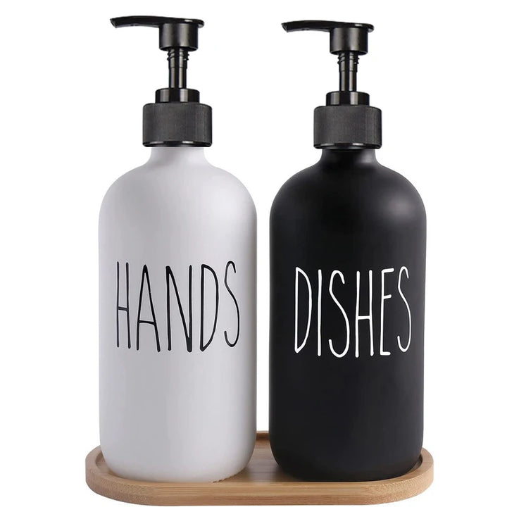 Dish Soap Dispenser Set with Wood Tray