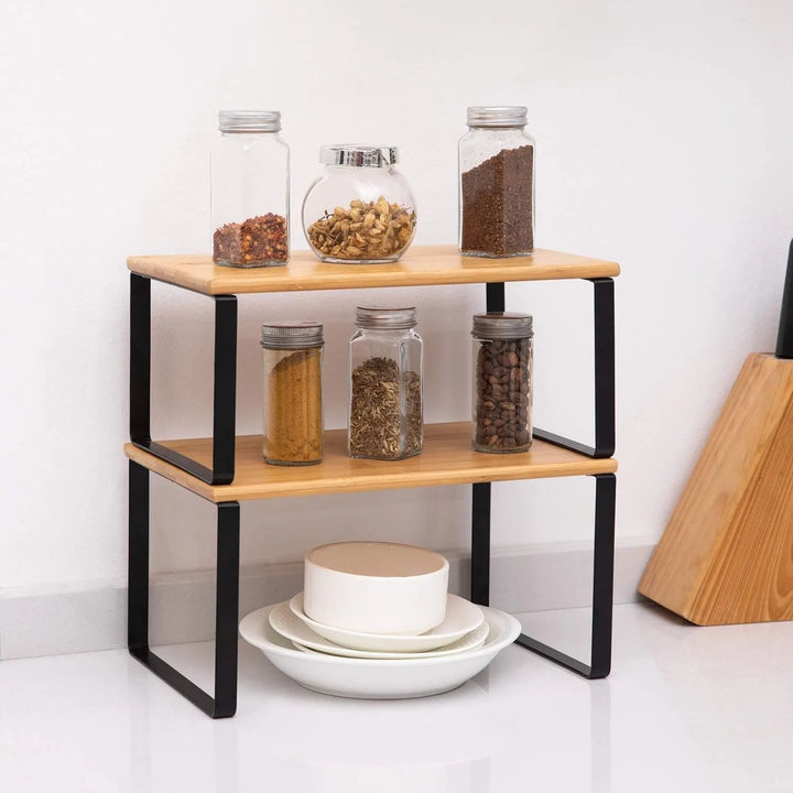 Set of 2 Bamboo Stackable Shelf Organizer