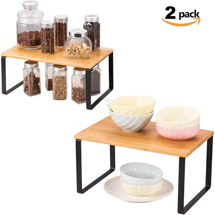 Set of 2 Bamboo Stackable Shelf Organizer