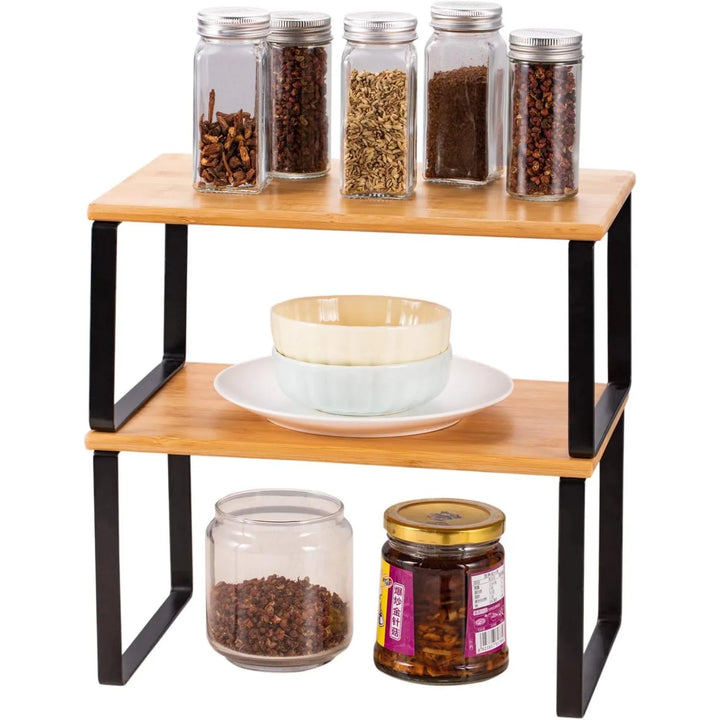 Set of 2 Bamboo Stackable Shelf Organizer