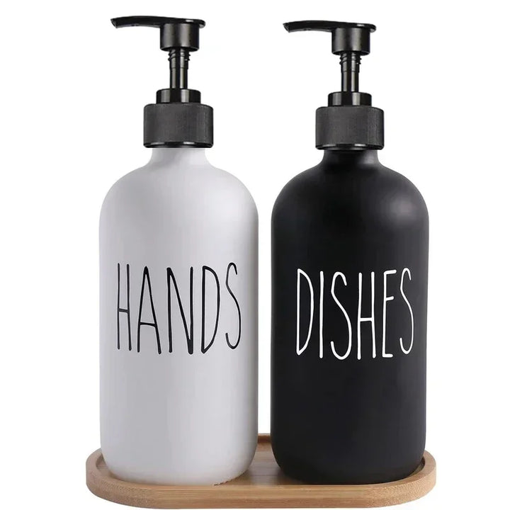 Dish Soap Dispenser Set with Wood Tray