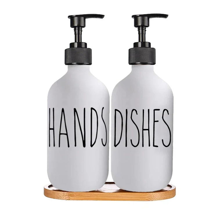 Dish Soap Dispenser Set with Wood Tray