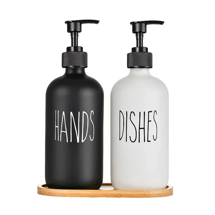 Dish Soap Dispenser Set with Wood Tray