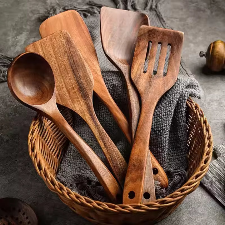 Solid Teak Wood Utensil Set – Eco-Friendly & Plastic-Free