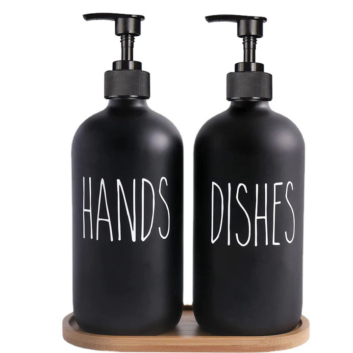 Dish Soap Dispenser Set with Wood Tray
