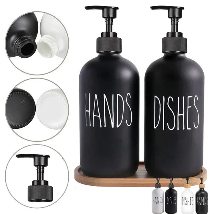 Dish Soap Dispenser Set with Wood Tray